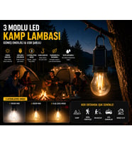 Güneş Enerjili ve USB Şarjlı 3 Modlu LED Asma Kancalı Taşınabilir Kamp Feneri Aydınlatma Lambası