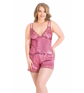 Primoda Büyük Beden Gül Kurusu Saten Babydoll Şort Takımı 1063