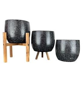 Bitki Tasarımı Siyah Granit Toprak Saksı Saksılık Salon Çiçeklik Üçlü Set- 19 CM