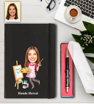 Kişiye Özel Bayan Ressam Karikatürlü Defter ve Kalem