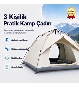 AC6634 Otomatik Kamp Çadırı 200x150x120 cm Çift Katmanlı 3 Saniyede Kurulum Su Geçirmez 3 Kişilik