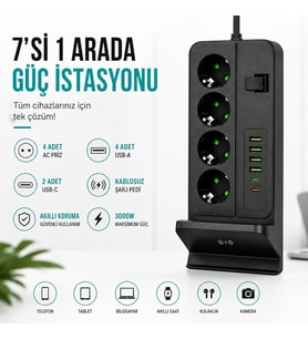 4'lü Akım Korumalı Masaüstü Priz 4 USB-A + 2 Type-C Hızlı Şarj Kablosuz Şarj Standlı 2 Metre Kablolu Çoklu Priz