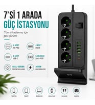 4'lü Akım Korumalı Masaüstü Priz 4 USB-A + 2 Type-C Hızlı Şarj Kablosuz Şarj Standlı 2 Metre Kablolu Çoklu Priz