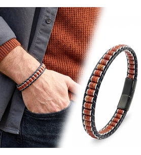 Moncuk Design Kırmızı Jasper & Hematit Çelik Örgülü Deri Bileklik 33512B22D6