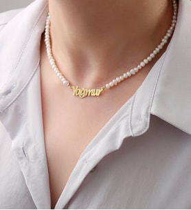Vaoov 925 Ayar Gümüş İsimli Kadın Hediye İnci Kolye (Gold)