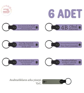 Doğa Yürüyüşü Ekibine Hatıra Olarak 6'lı Set, Kişiye Özel Yazılı Deri Anahtarlık, Mor Menekşe & Gri (Lila - Mor)