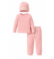 Unisex Bebek Çocuk Alt Üst Takım 3'lü %100 Pamuk Fitilli Şapkalı Kışlık Eşofman Takımı - Somon