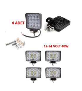 4 Adet Off Road Sis Farı Lambası 16 Led 48Watt Kare Çalışma Lambası