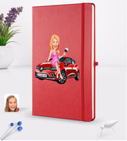 BK Gift Kişiye Özel Plakalı Kadın Renault Clio Karikatürlü Kırmızı Termo Deri Defter 16x24cm Model 1