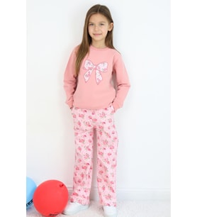 Breeze Kız Çocuk Eşofman Takımı Fiyonk Baskılı Pantolonu Çiçek Desenli 1.5-5 Yaş, Gülkurusu (Gül Kurusu)