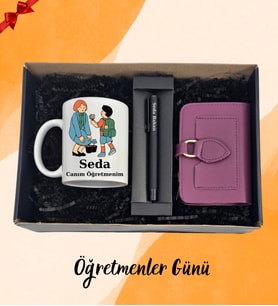 Öğretmenler Gününe Özel Kişiye Özel Kupa Bardak & Kişiye Özel Kalem & Mor Renk Kadın Cüzdanı Hediye Seti