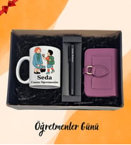 Öğretmenler Gününe Özel Kişiye Özel Kupa Bardak & Kişiye Özel Kalem & Mor Renk Kadın Cüzdanı Hediye Seti