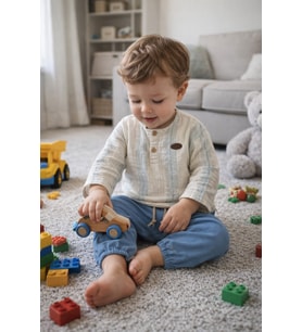 Hakim Yaka Pantolonlu Müslin Kumaş  Erkek Bebek İkili Takım Set Babyhola (Mavi)