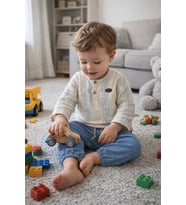 Hakim Yaka Pantolonlu Müslin Kumaş  Erkek Bebek İkili Takım Set Babyhola (Mavi)