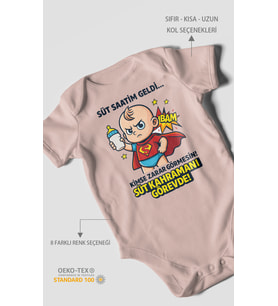 Süt Saatim Geldi Kimse Zarar Görmesin Baskılı Bebek Zıbını – Çıtçıtlı Body  %100 Pamuk Kısa Kol (Pastel Pembe)