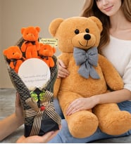 Premium Ayıcık Buketi Seti, Kişiye Özel Aynalı Turuncu Ayıcık Buketi ve Büyük Boy Peluş Ayıcık (Model 1)