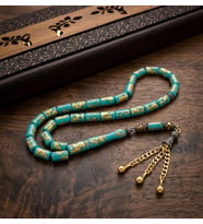Golden Rosary Turkuaz Uçak Camı Yıldız Taşı Gold İşlemeli Premium Tesbih