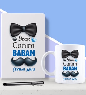 BK Gift Kişiye Özel Canım Babam Tasarımlı Beyaz Defter Kalem ve Kupa Seti-2 (Model 1)