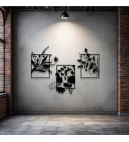 Metal Çiçekli Duvar Dekoru Seti – 3 Parça Modern Minimalist Ev Ofis Salon Metal Tablo Aksesuarı (Siyah)