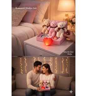 Sevgililer Gününe Romantik 3 Lü Hediye Seti İstiridye İnci Kolye 3 Adet Mini Peluş Ayı & Işıklı Kalp