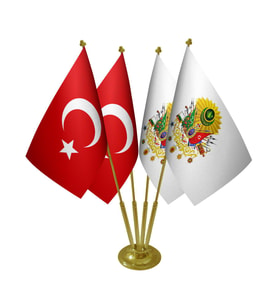 Masa Üstü Osmanlı Arması Bayrağı Türk Bayrağı Dörtlü Pirinç Direk Masa Bayrak Seti