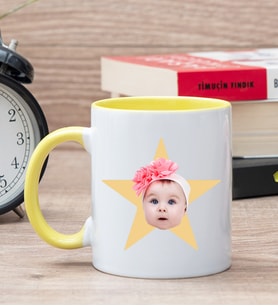 Kişiye Özel Pembe Yıldız Kafa Fotoğraflı Sarı Kupa Bardak