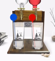 BK Gift Kişiye Özel Renkli Baskılı Kız Kulesi Tasarımlı İkili Vodka Bardağı ve Çift Musluklu Doğal Ahşap Vodka Standı-3 (Model 1)