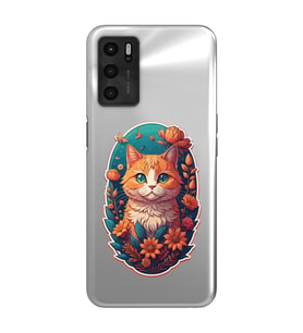 Oppo A16 / A55 Uyumlu Çiçek ve Kedi Tasarımlı Şeffaf Telefon Kılıfı