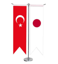 Masa Üstü Kırlangıç Japonya + Türk Bayrağı + Krom T Direk Masa Bayrak Seti