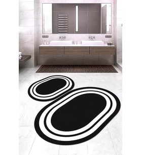 Dijital Baskılı Kaymaz Taban Yıkanabilir Oval 2'li Klozet Takımı Banyo Paspası NOKZ-HS-530 (Siyah)