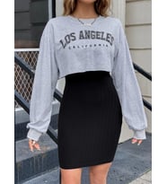 Baskılı Gri Crop Kadın Sweatshirt Elbise İkili Takım