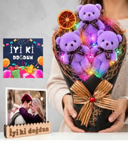 Doğum Günü Hediyesi Kişiye Özel Fotoğraflı Renkli LED Işıklı Peluş Ayıcık Buketi (Mor)