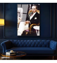 Siyah Renk Metal Çerçeveli Tamperli Cam Tablo Atatürk Hasır Koltuk Atatürk Tablosu Duvar Dekoru
