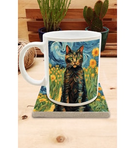 Kediler ve Sanat/Van Gogh Set 8 - Standart Kupa-Taş Bardak Altlığı 3