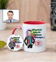 Karikatürlü Erkek Öğretmen Kupa Bardak ve Anahtarlık Hediye Seti (Kırmızı)
