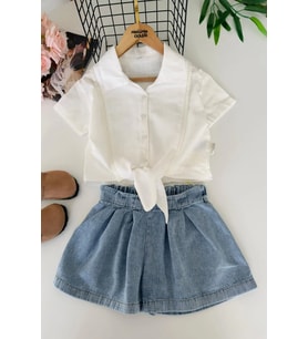 Miniğimin Cicileri Bağlama Detaylı Keten Gömlek & Denim Şort Kız Çocuk Takım - Beyaz