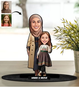 BK Gift Kişiye Özel Anne ve Kız Çocuk Karikatürlü Ahşap Biblo-2, Anneye Hediye, Anneler Günü Hediyesi, Eşe Hediye