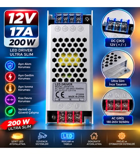 12 Volt 17 Amper 200 Watt Ultra Slim Metal Kasa Trafo