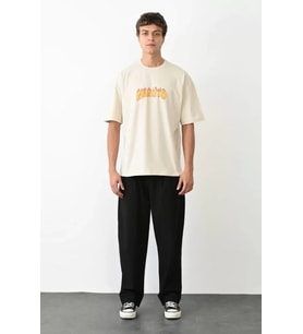 pilelistore- Unisex Bisiklet Yaka Baskılı Oversize T-Shirt - Beyaz