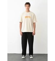 pilelistore- Unisex Bisiklet Yaka Baskılı Oversize T-Shirt - Beyaz