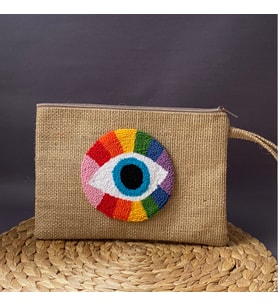 El Yapımı Punch İşlemeli Keten Clutch - Renkli Göz Desenli, Fermuarlı Portföy