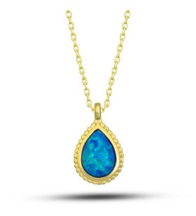 Gümüş Gold Damla Mavi Opal Taşlı Kadın Kolye