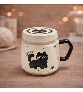 Kedi Baskılı Kapaklı Seramik Kupa Bardak Kawaii Tasarım Kahve Fincanı Hediyelik Ofis (Tatlı Beyaz)