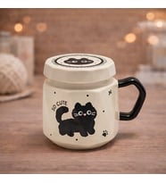 Kedi Baskılı Kapaklı Seramik Kupa Bardak Kawaii Tasarım Kahve Fincanı Hediyelik Ofis (Tatlı Beyaz)