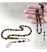 Ateş Kehribar Tesbih - Metal Püsküllü - Sarı Siyah Renk - İsme Özel Yazılı - Arpa Kesim