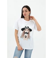 Bisiklet Yaka Kovboy Şapkalı Süprem T-shirt - Beyaz