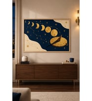 Ay Evreleri ve Güneş Saati Altın Gece Ahşap Çerçeveli Duvar Tablosu