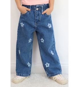 Breeze Kız Çocuk Jean Pantolon Yıldız Nakışlı Beli Lastikli Düğmeli 1.5-5 Yaş, Mavi