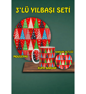 Yılbaşı Temalı 3'lü Bilek Destekli Mousepad Kupa ve Bardak Altlığı Seti
