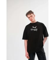 Erkek Kısa Kol Yazlık Tişört Bisiklet Yaka Baskılı Oversize T-Shirt - Siyah